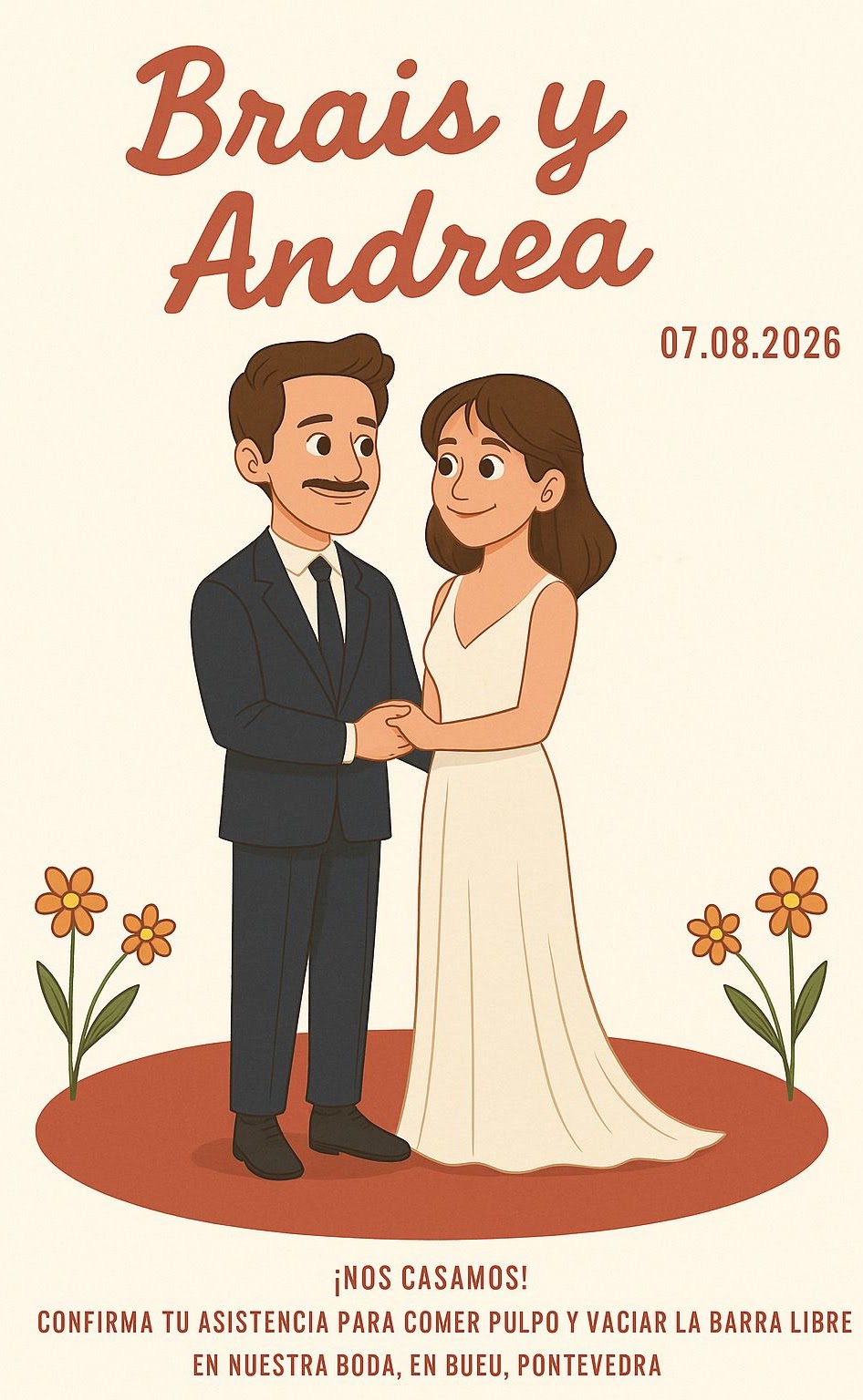 Ilustración de Brais y Andrea cogidos de la mano el día de su boda, 07.08.2026