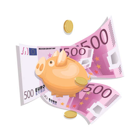 Hucha de cerdito con billetes de 500 euros