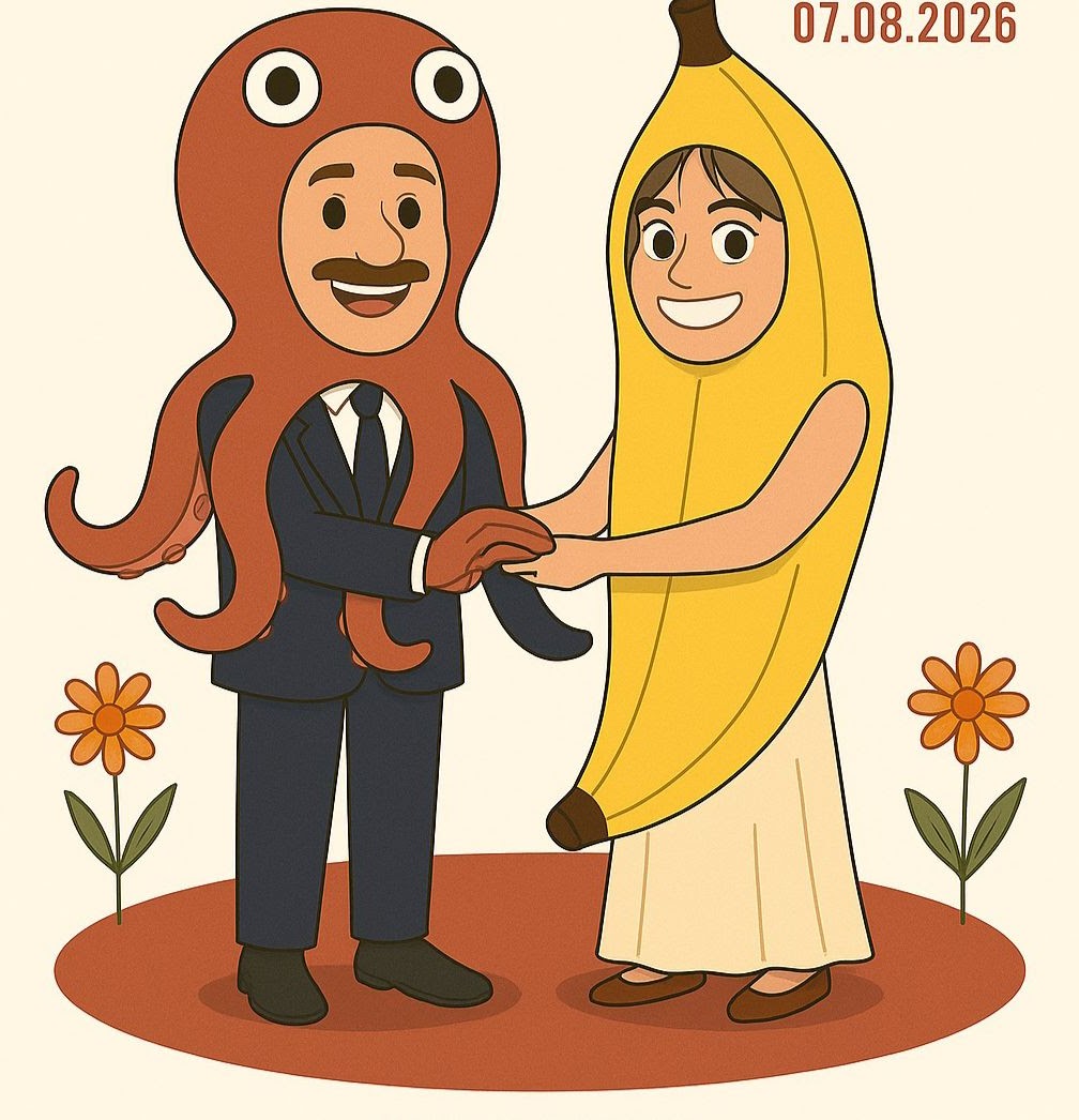 Ilustración de la pareja disfrazada de pulpo y plátano, con la fecha 07.08.2026